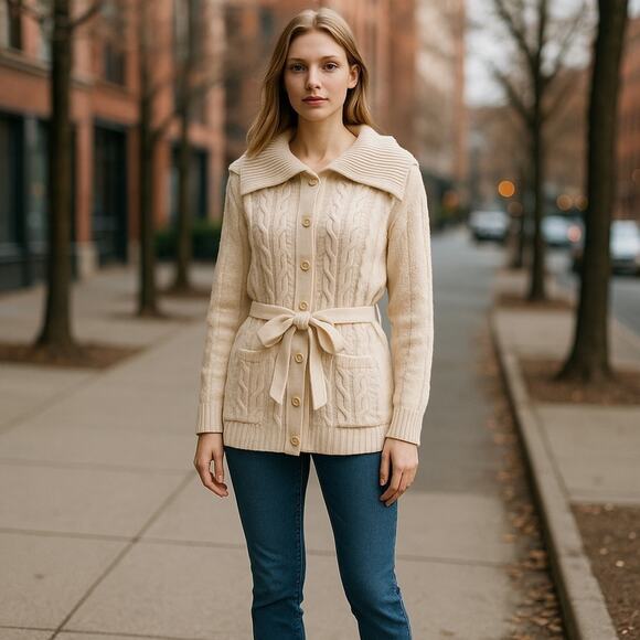 Talbots Cable-Knit Belted Cardigan Cream Shawl Collar Tie Waist Women Small - Picture 1 of 8